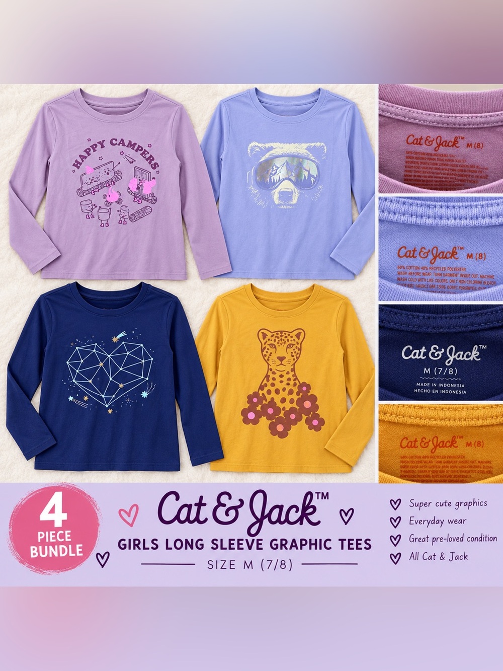 Cat & Jack Girls Long Sleeve Graphic Tees - Lavender, Mustard, Navy, Soft Purple - Picture 2 of 2